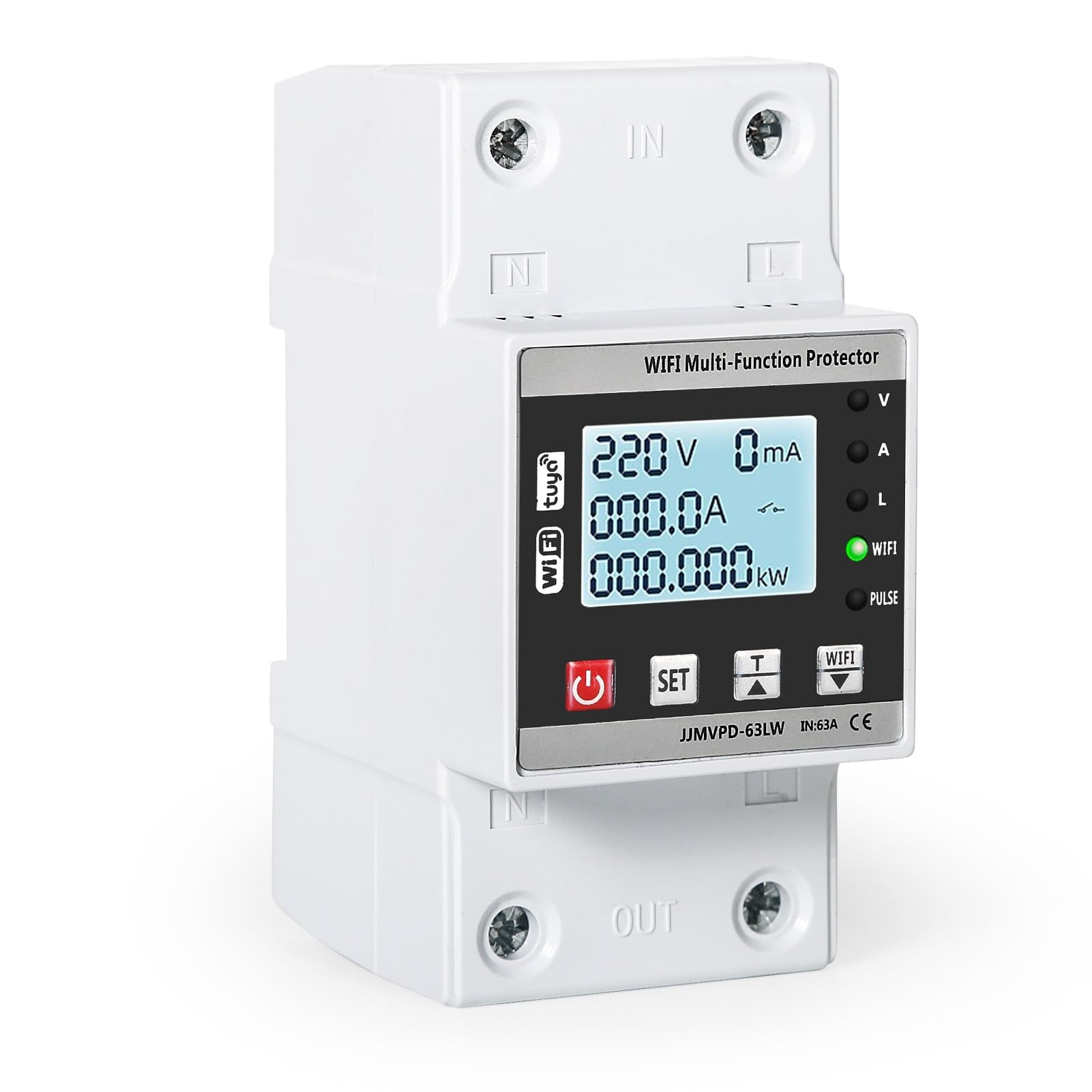 DEWIN Smart Protector display showing electricity, power, and power factor readings