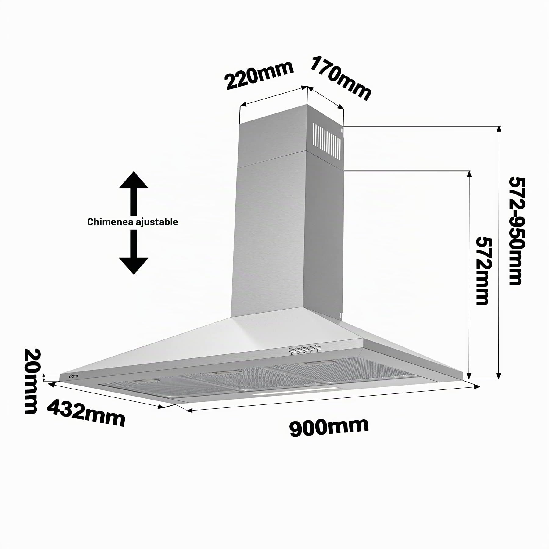 CIARRA ASS9201 Campana Extractora 90cm 406m³/h 60dB Plata | 3 Velocidades Recirculación Interna por Filtro de Carbón CBCF002X2 Acero Inoxidable
