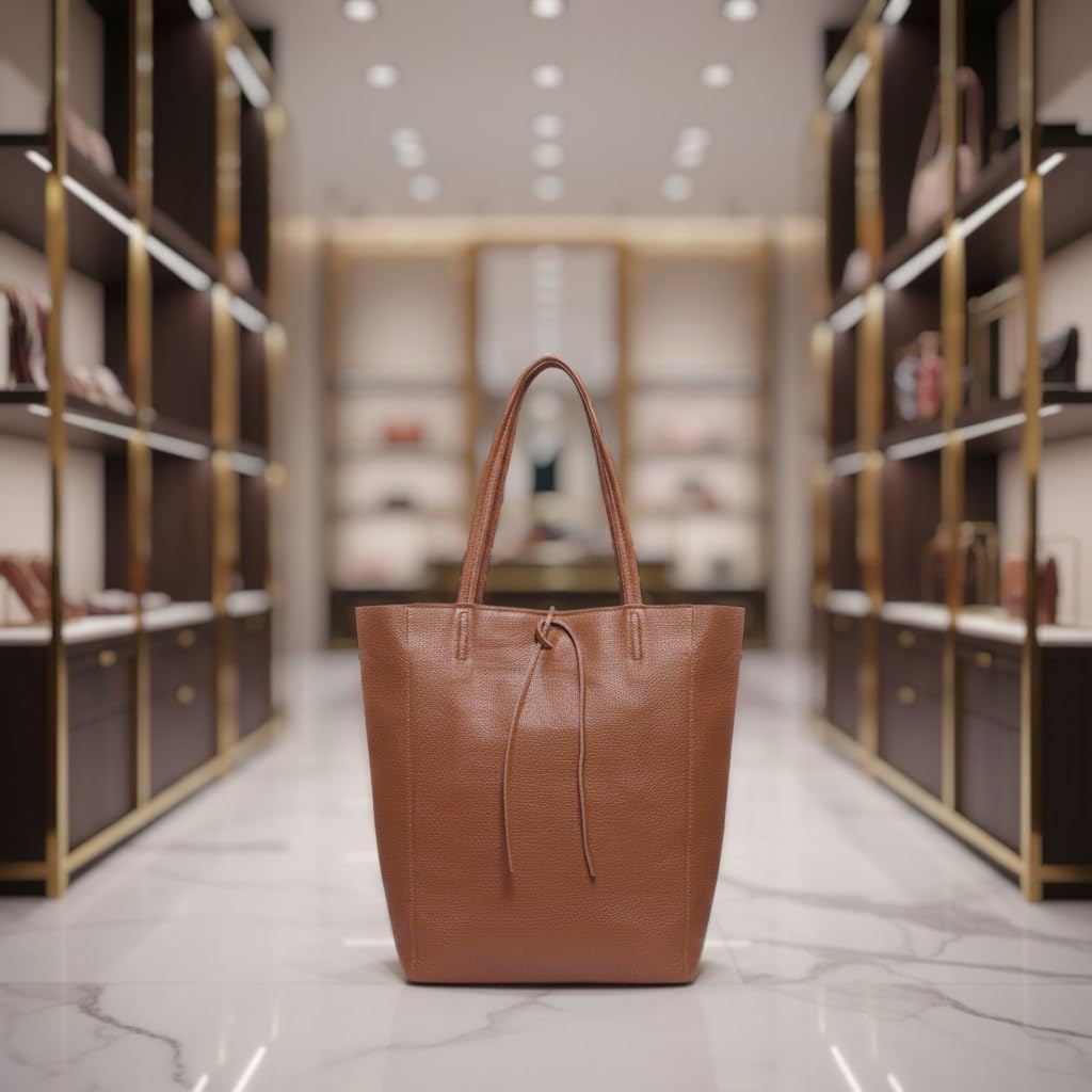Italian Calf Leather Tote for Women with Zipper, Inner Pocket & Flat Base | Soft Unlined Shopper for Work & Travel