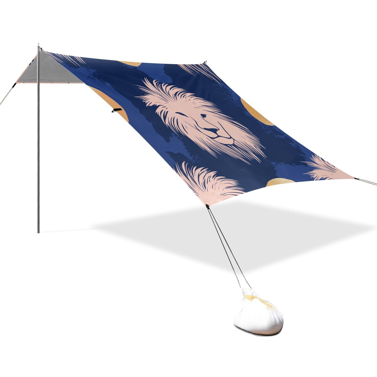 Navy Blue Lions Beach Canopy UPF50+ Water-Resistant Large Sun Shelter Includes Sand Shovel, Sandbags, Stability Poles for Family Travel