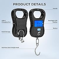 Vista 6 de Calamus Báscula de pescado ligera, báscula digital recargable con cable USB, capacidad de 55 libras, unidades múltiples libras/onzas y kilogramos