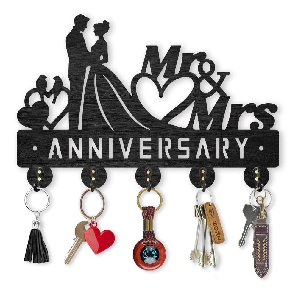 MAYJOYDIY Wall Mounted Key Hook, Mr & Mrs Anniversary Design, Black Wood, 30x20 cm, 5 Alloy Hooks for Entryway Hallway Kitchen Bedroom