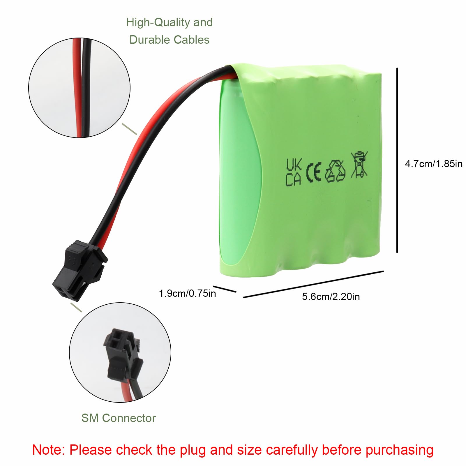 2 pezzi NiMH RC batteria ricaricabile 4,8 V 2400 mAh con connettore SM 2P, adatto per auto radiocomandate, veicoli elettrici giocattolo, camion telecomandati, utensili elettrici
