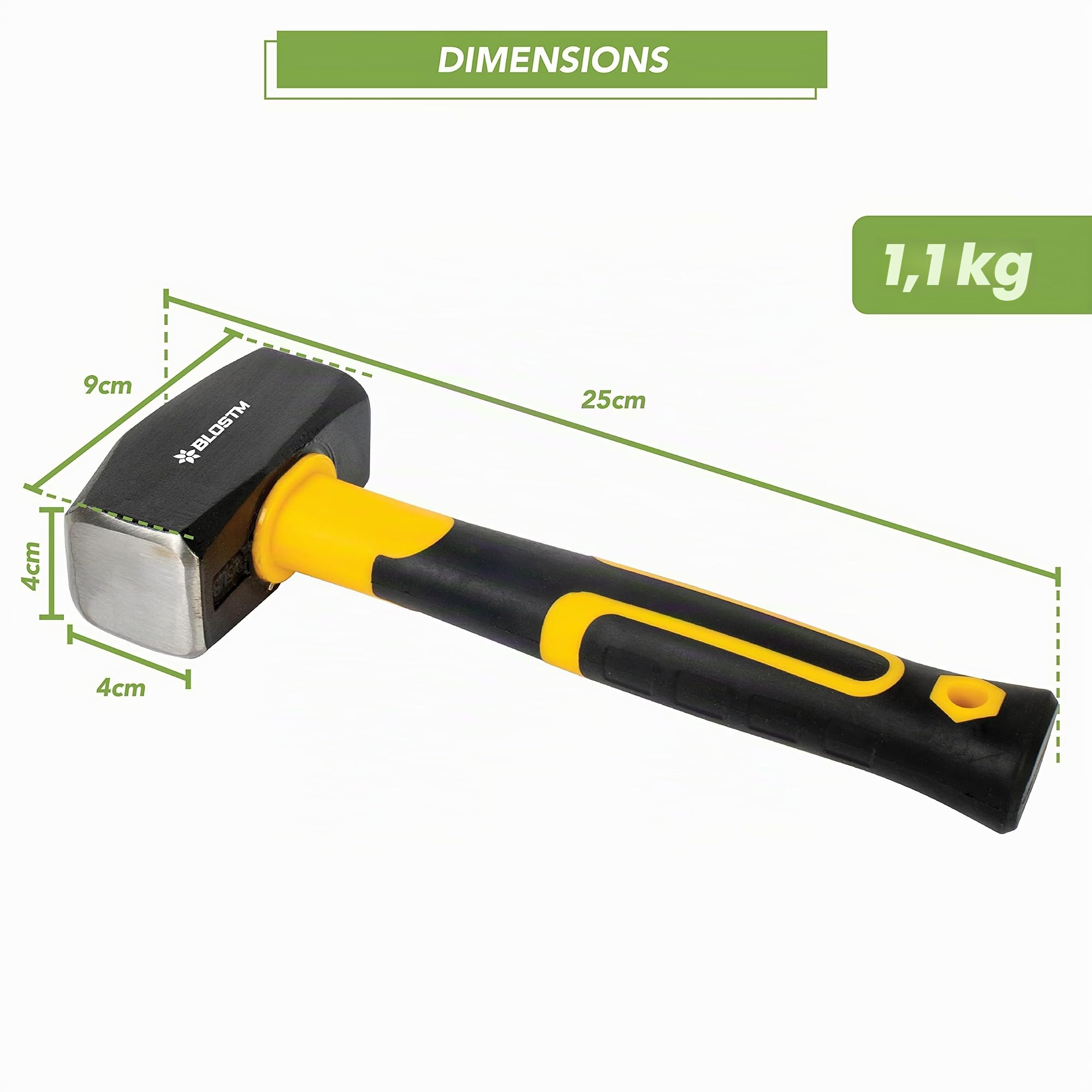 BLOSTM Massette 1.1kg avec Manche en Fibre de Verre - 2.5 lb à Toute Épreuve Maillet avec Poignée Ergonomique Antidérapante - 2.5lb / 1100g