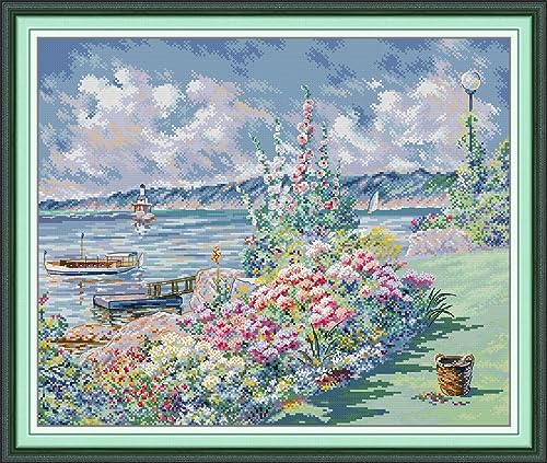 ABEUTY Cross Stitch Kits Flower Coast for Adults Pre Printed or NOT DIY 14 Count Embroidery Sewing Starter Kit Stamped or Unstamped DMC Needlework Easy Beginners (Stamped)
