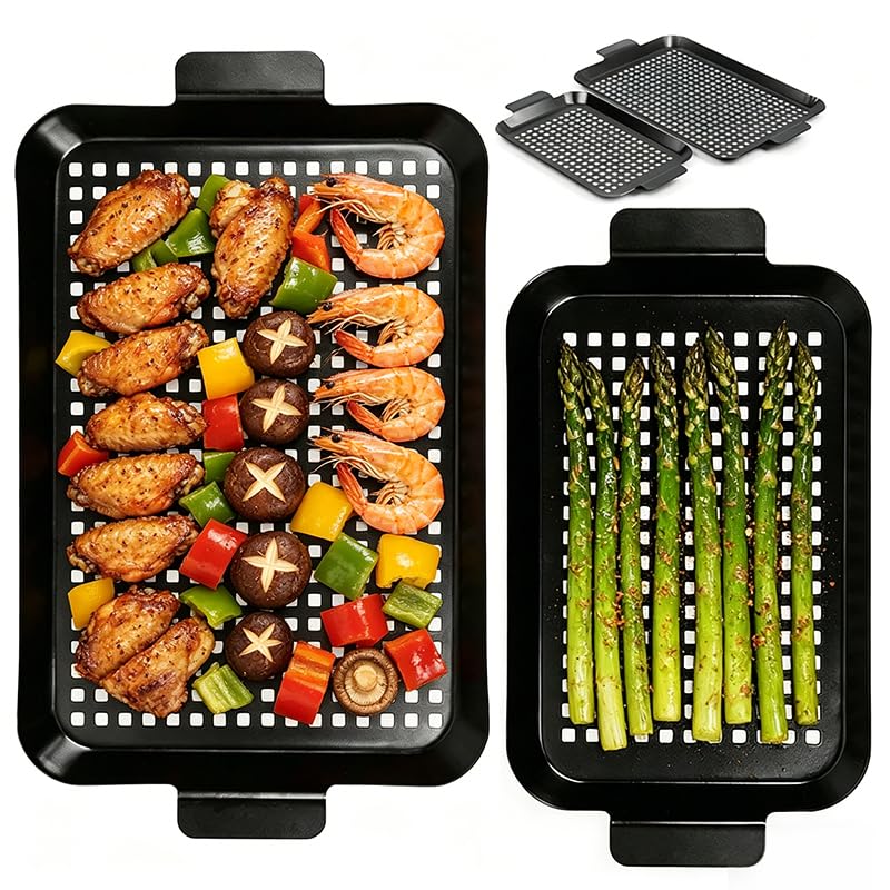 Ayiusedeza 2PCS Grill pan, BBQ Grill Topper for Outdoor Grill with Hole, Non-stick enamel coating, suitable for picnicking, camping, yard (2 pieces)