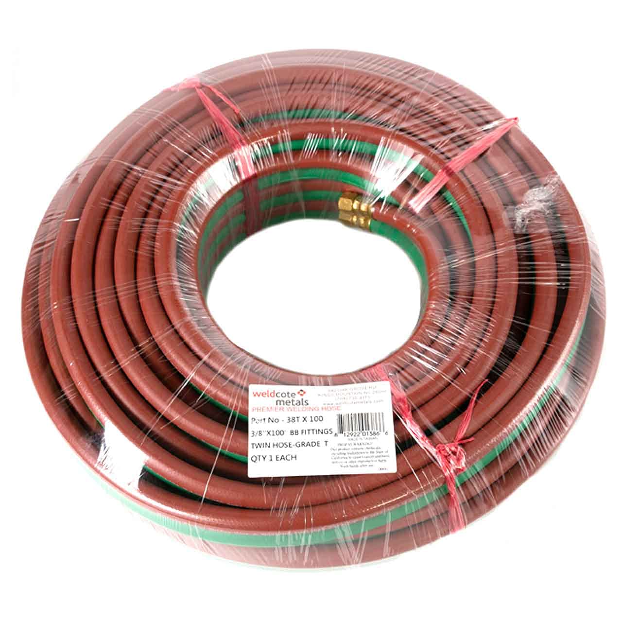 Weldcote 38TX100 Twin Hose Grade T 3/8 X 100' BB Fittings