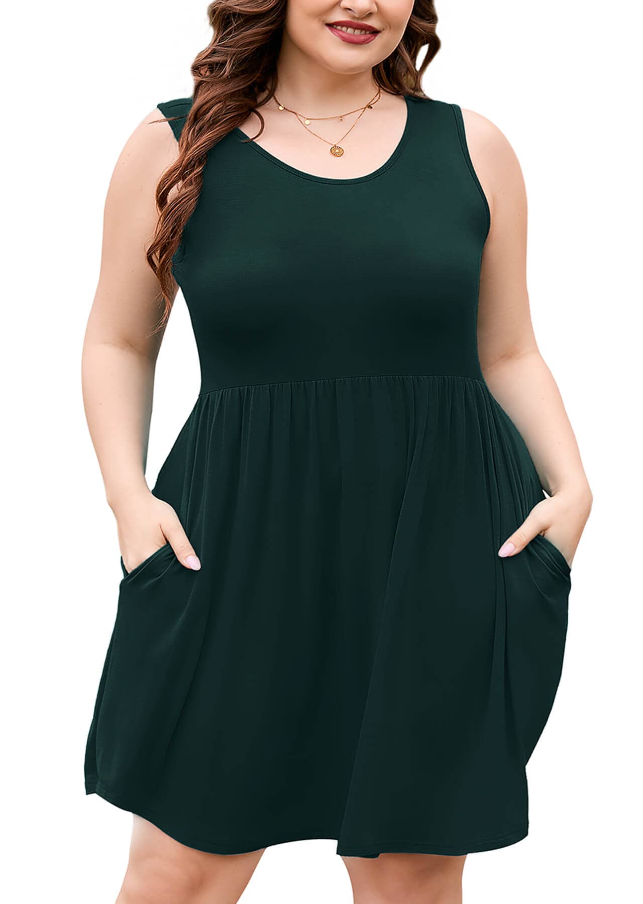 AusLook Plus Size Summer Tank Dress for Women Casual Sleeveless Crewneck Pleated Babydoll Swing Sundresses with Pockets 1X-5X