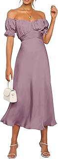 Women's 2025 Summer Satin Midi Dress Off The Shoulder Wrap Ruched Wedding Guest Party Cocktail Formal Prom Dresses - Buy now