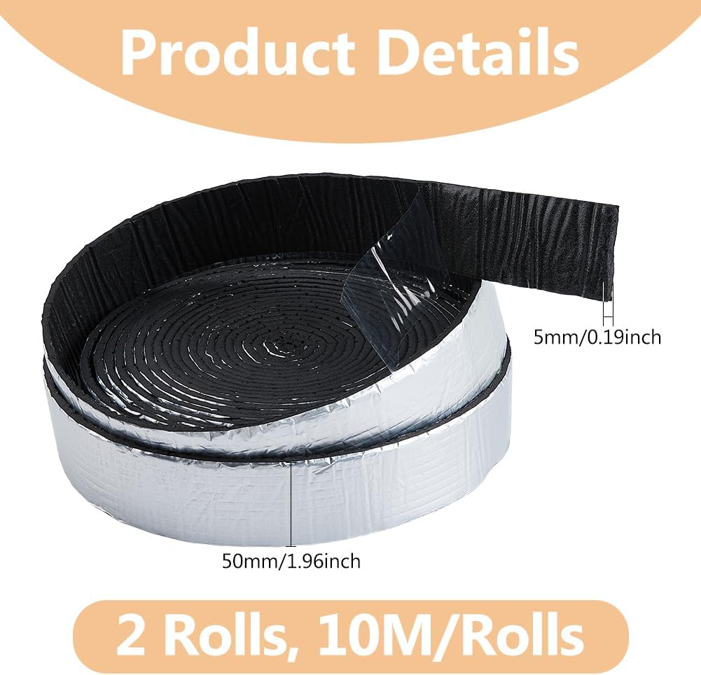 DICOSMETIC 2 Rolls 32.9ft Pipe Insulation Wrap Tape Self-Adhesive Pipe Insulation Foam Tape Silver Thermal Insulation Aluminum Foil Pipe Wrap for Outdoor Indoor Pipe Insulation Wrap, 1.97" Wide