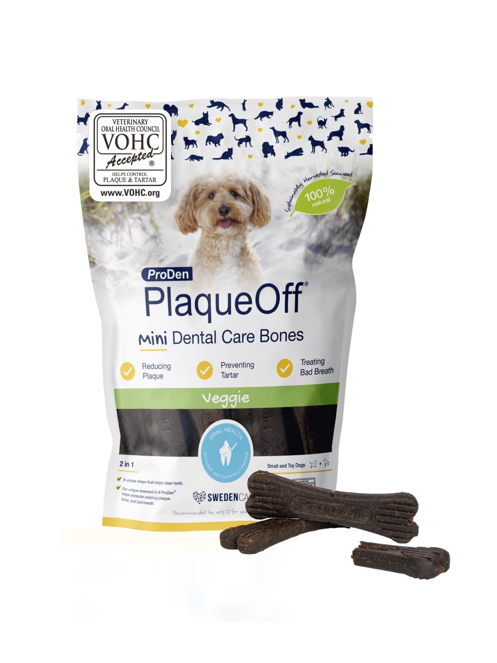 ProDen PlaqueOff Mini Kauknochen für Hunde Zahnpflege, Pack mit 20 Knochen, Dental Sticks für kleine Hunde, Dental Knochen für Plaque und frischen Atem, Gemüse