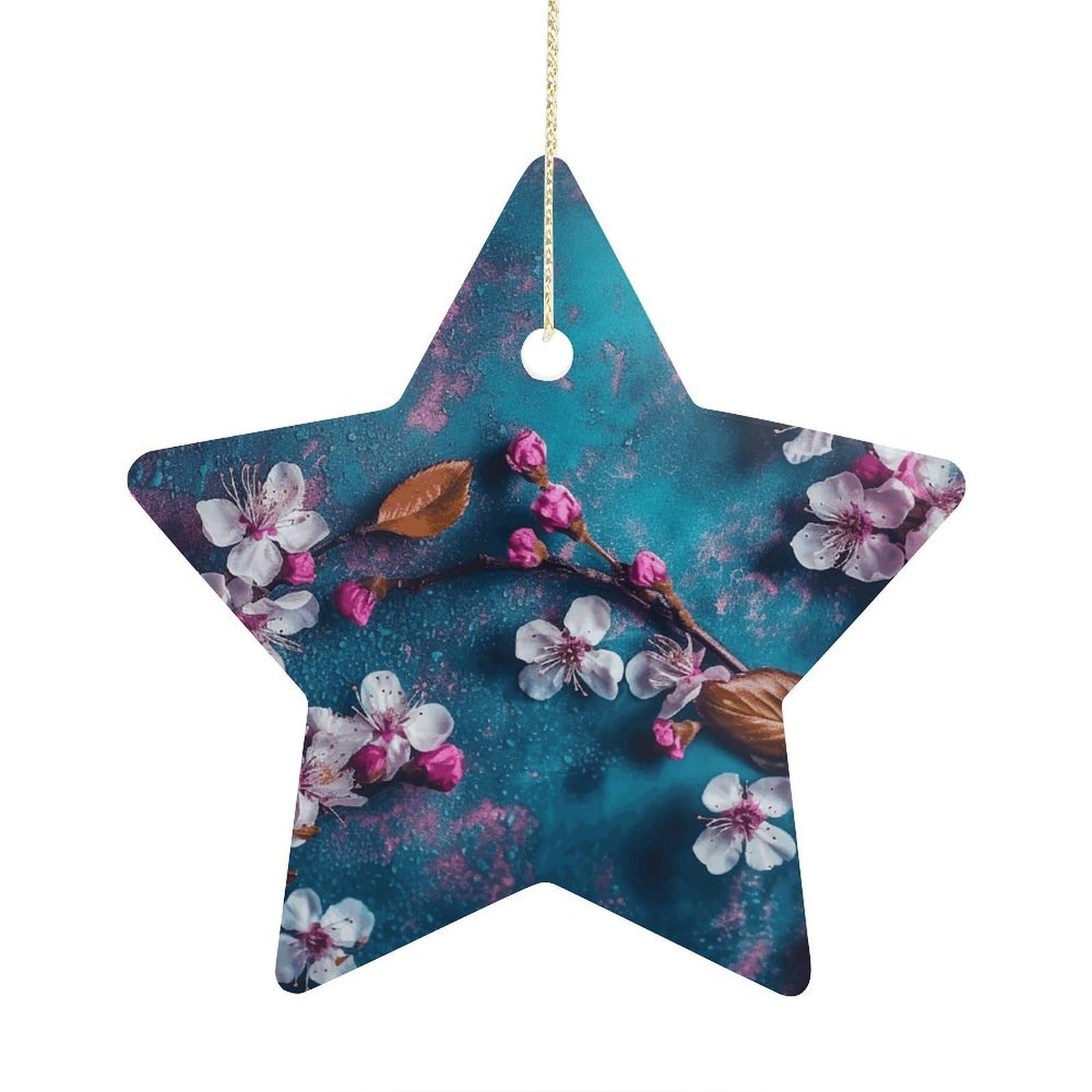 Fodpand Women's Style Flowers On Blue Background Ornament With String, Keepsake Hanging Decorations,Ceramic Ornaments For Men Indoor Home Holiday Party Gifts