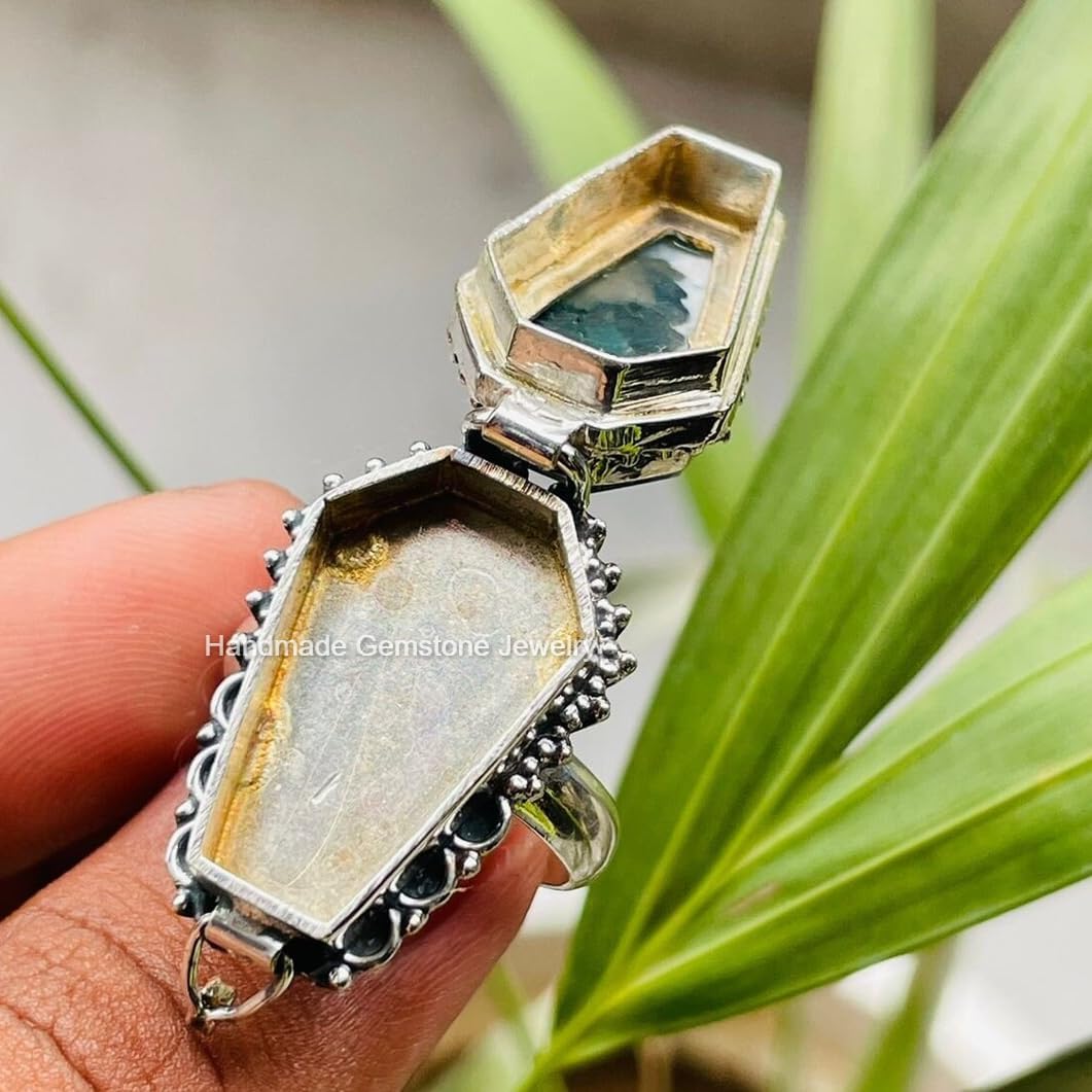 Vintage Coffin Poison Ring|Natural Moss Agate|Snuff Poison Rings|Secret Compartment|Boho Hippie|Sterling Silver Plated| Wedding Gifts| coffin Stone| Mother's Gift| Attractive | Boho STYLE