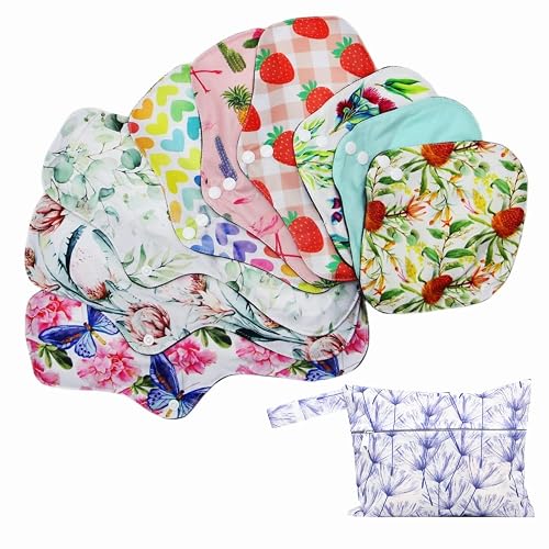 Asenappy Random Prints Adjustable Snaps Reusable Menstrual Pads - 9 pcs Three Size Cloth Sanitary Pads with 1 Bag
