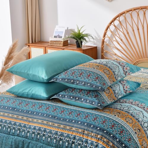 Image of Cottolester Boho Queen Comforter Set 8 Pieces,Teal and Yellow Bohemian Comforter Paisley Striped Bed in A Bag,Soft Microfiber Bedding Set for All Season