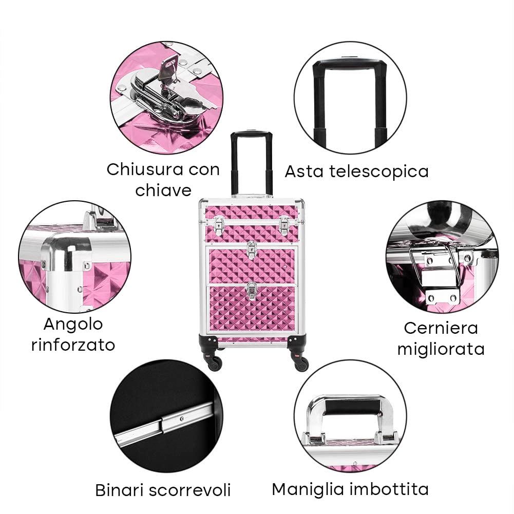 BAKAJI Trolley Make Up Professionale, Beauty Case Estetista Portatile, Valigia Porta Trucchi con Trama Oleografica a Triangolare e Ruote Staccabili, Valigetta Organizer Makeup Viaggio (Rosa)