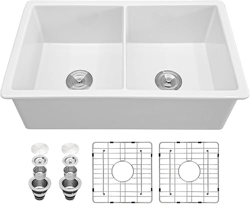 Sarlai Fregadero de cocina blanco de 32 piezas para empotrar, doble cuenco, fregadero de cocina de 32 pulgadas, lavabo doble de 5050 dividir arcilla