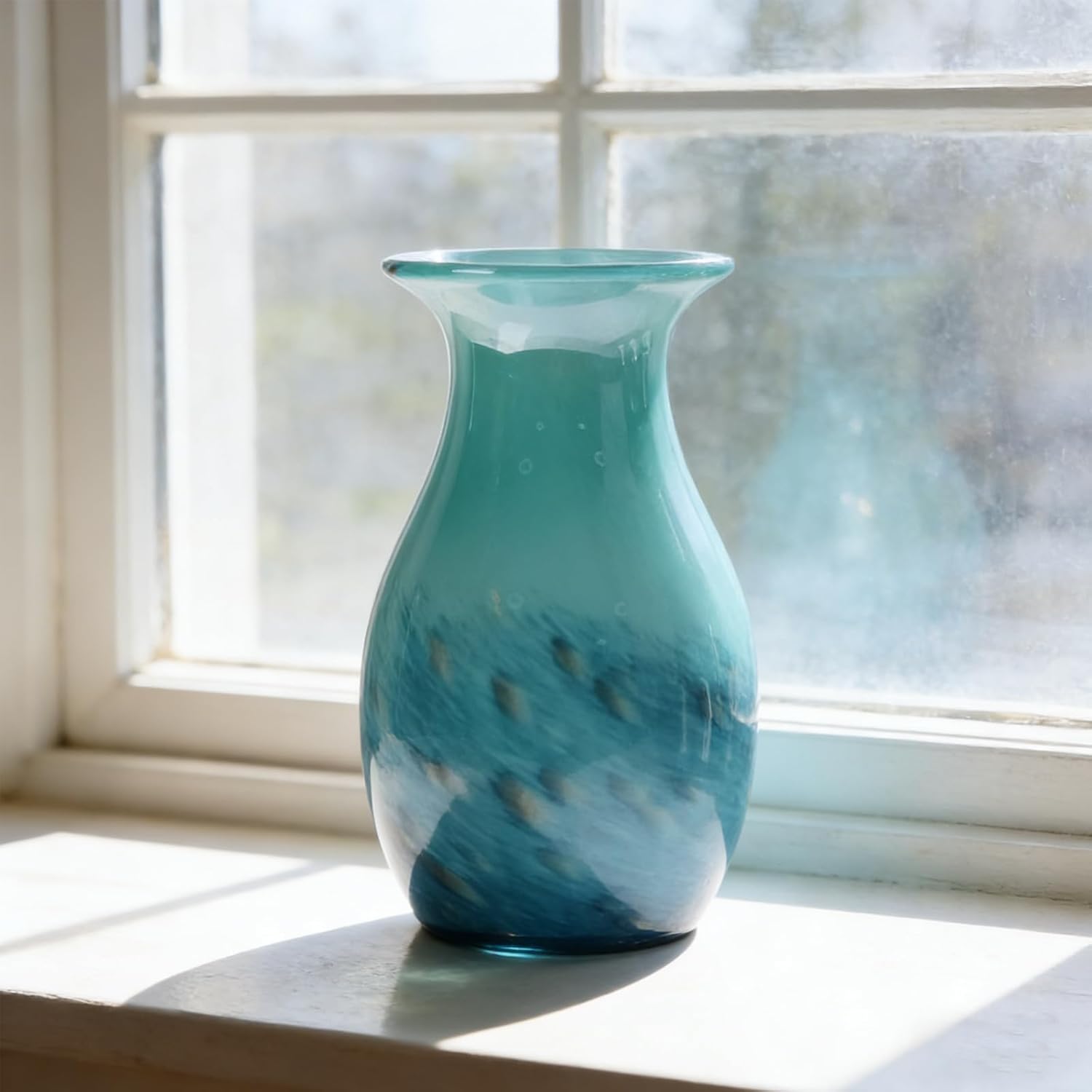 Teal Glass Vase – 11.4in Hand Blown Wide Mouth Art Glass Vase – Turquoise Decorative Vase for Flowers, Centerpieces, Bookshelf, Bathroom, Dining Table or Living Room Display