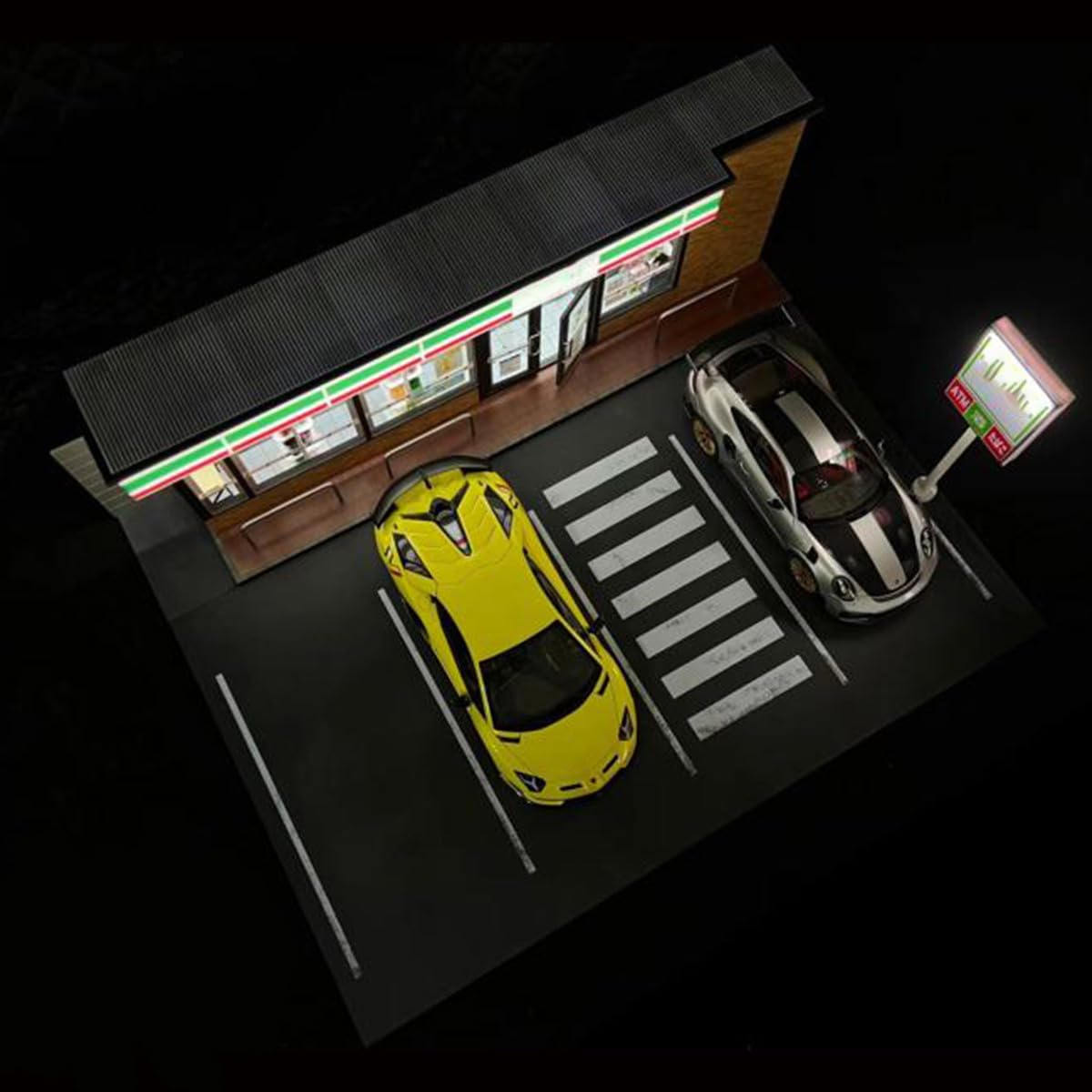 1:18 Japanisches 7-Eleven Convenience Store Modell, realistische Miniatur-Szene mit USB-LED-Beleuchtung & vier Parkplätzen, Druckguss-Auto-Display-Hintergrund