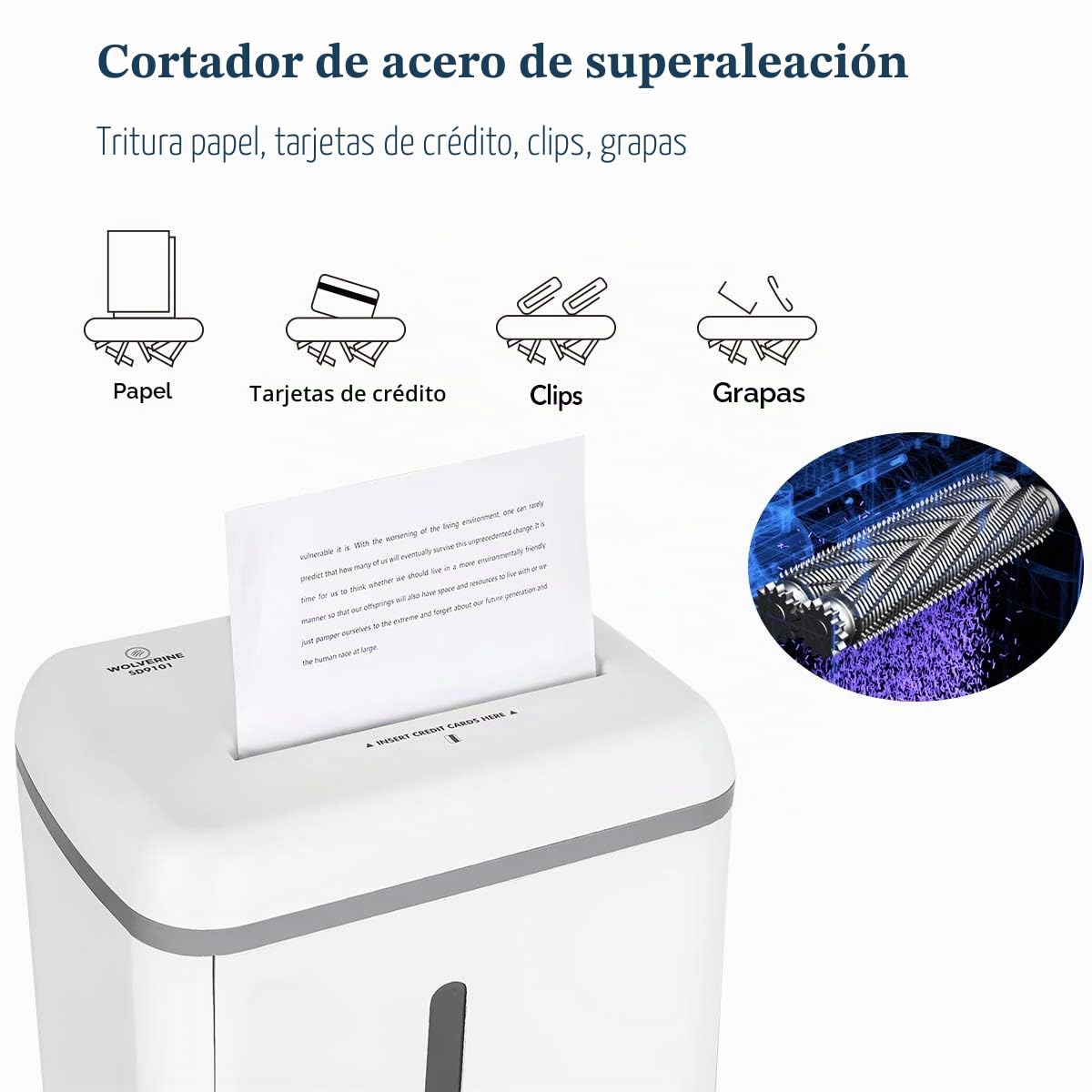 WOLVERINE SD9101 Trituradora P5 microcorte, 8 Hojas, ultrasilenciosa, contenedor 17 l, Blanco