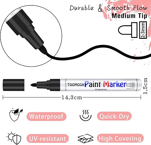 Miniatura 7 de TOOMGGA Rotuladores permanentes negros para pintura a base de aceite, impermeables, para madera, neumáticos de coche, pintura de roca, vidrio,