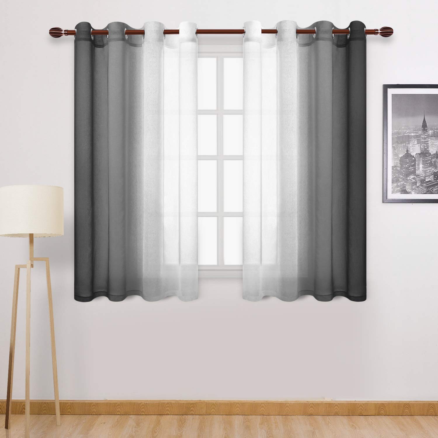 DWCN Faux Linen Ombre Sheer Curtains - Semi Voile Gradient Bedroom and Living Room Curtains, Set of 2 Grommet Top Window Curtain Panels, 52 x 54 Inch Length, Black — image 1