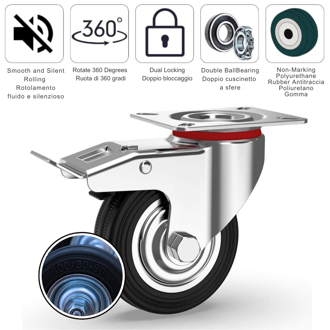 ECOVELO' RUOTE GIREVOLI CON FRENO, ROTELLE SILENZIOSE PIROETTANTI IN GOMMA, CARRELLO CARICHI PESANTI MOBILI,ELETTRODOMESTICI, BANCHI DA LAVORO 100mm, 8