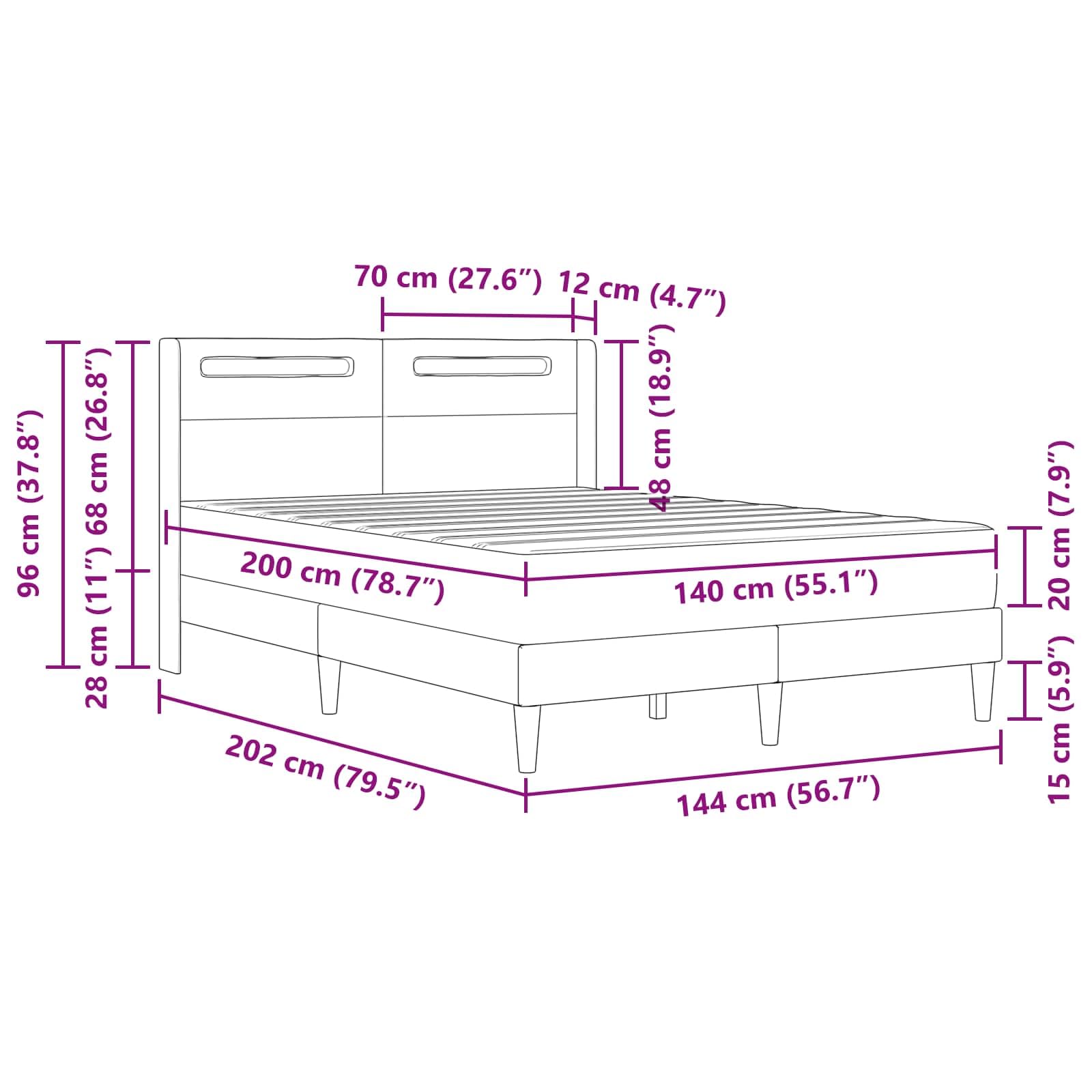 Rama łóżka z materacem, szara, 140 x 200 cm, sztuczna skóra, rdzeń ze sprężyn kieszeniowych, z zimnej pianki, stelaż z paskami LED i USB do ładowania, komfort spania do sypialni