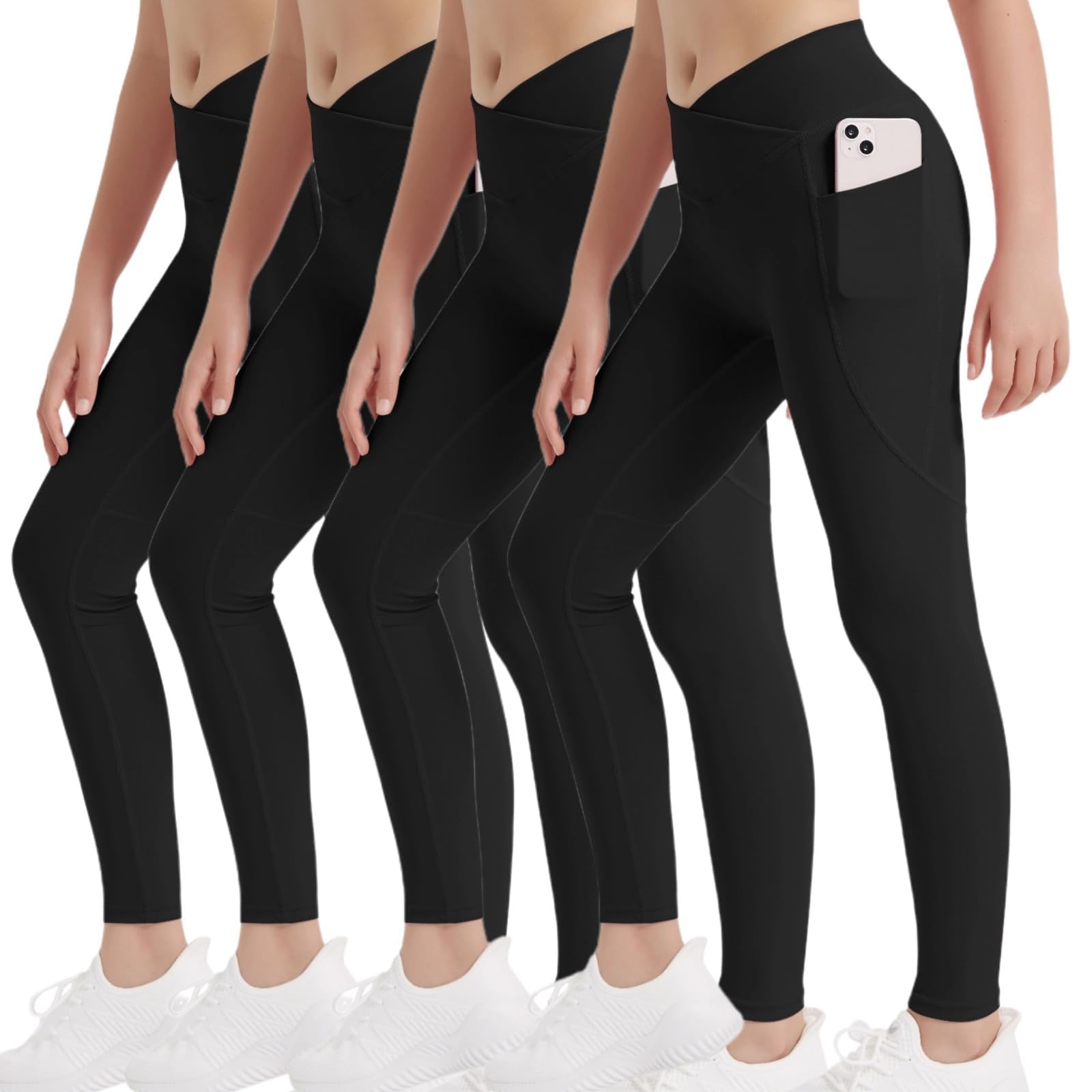 EXARUS Confezione da 4 leggings per ragazze e adolescenti, pantaloni da yoga incrociati a V in vita alla caviglia/lunghezza intera a vita alta per sport casual