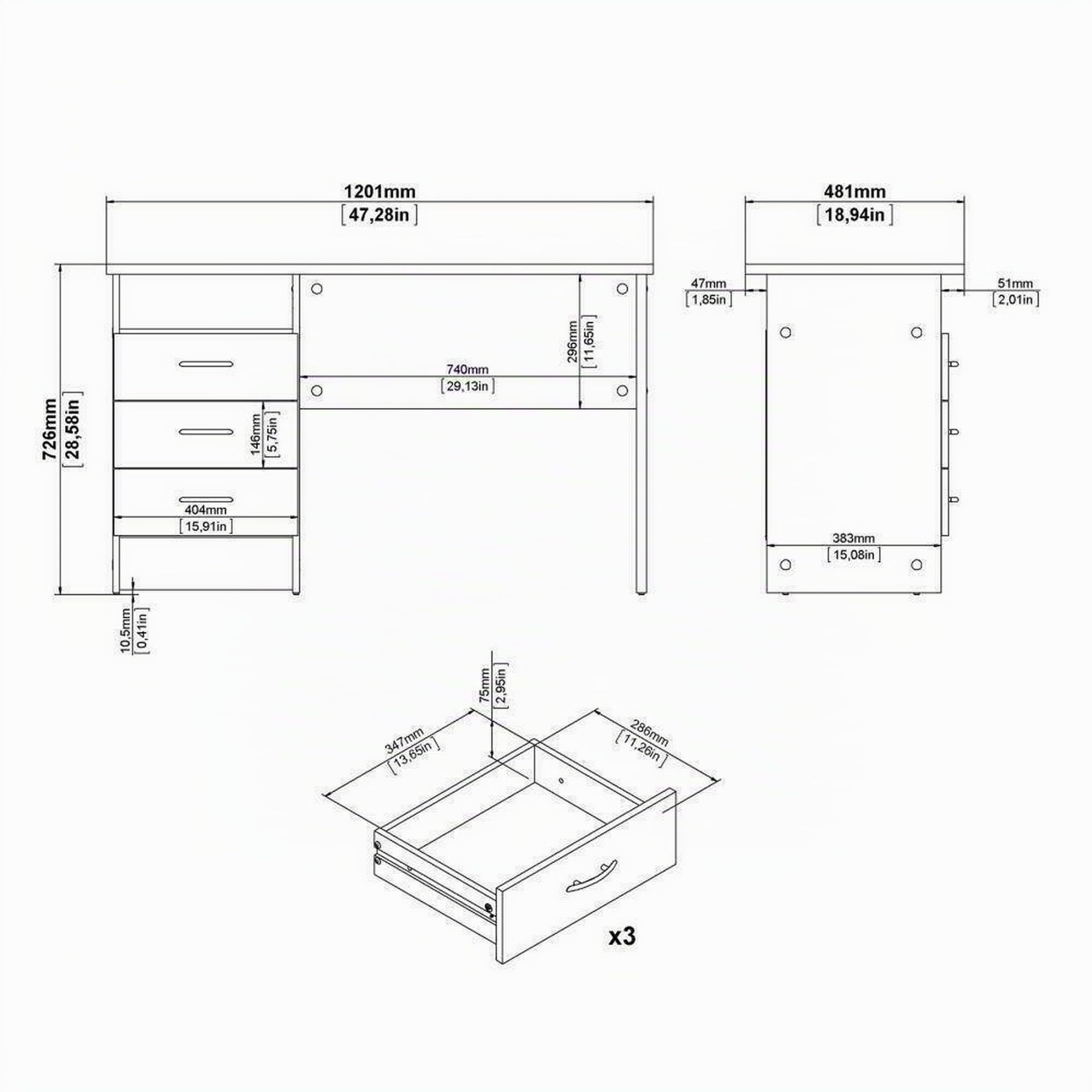 Dmora Scrivania 48.1x120.1x72.6h cm Bianco 3 Cassetti Materiale Piano in Legno Nobilitato, Colore Piano Bianco