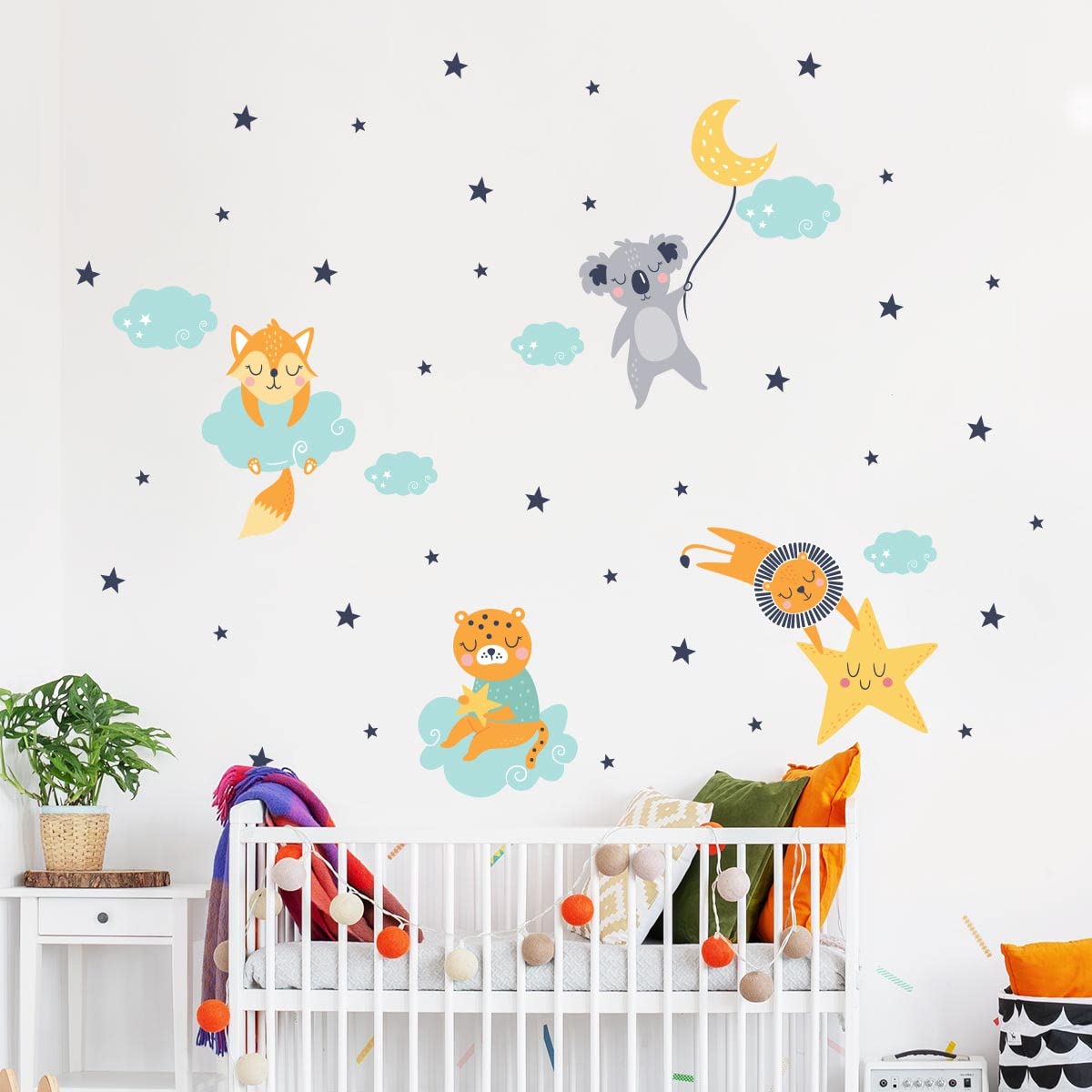 Children's Wall Stickers - Baby Room Decoration - Children's Bedroom Wall Sticker - Animal Sleeping in the Moonlight - H60 x L90 cm