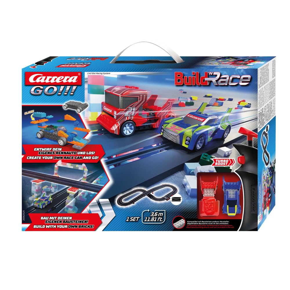 Carrera GO!!! Build 'n Race zestaw torów wyścigowych dla dzieci od 6 lat i dorosłych, 3,6 m, elektryczny tor wyścigowy z 2 regulatorami ręcznymi, kompatybilny z innymi producentami klocków, prezenty