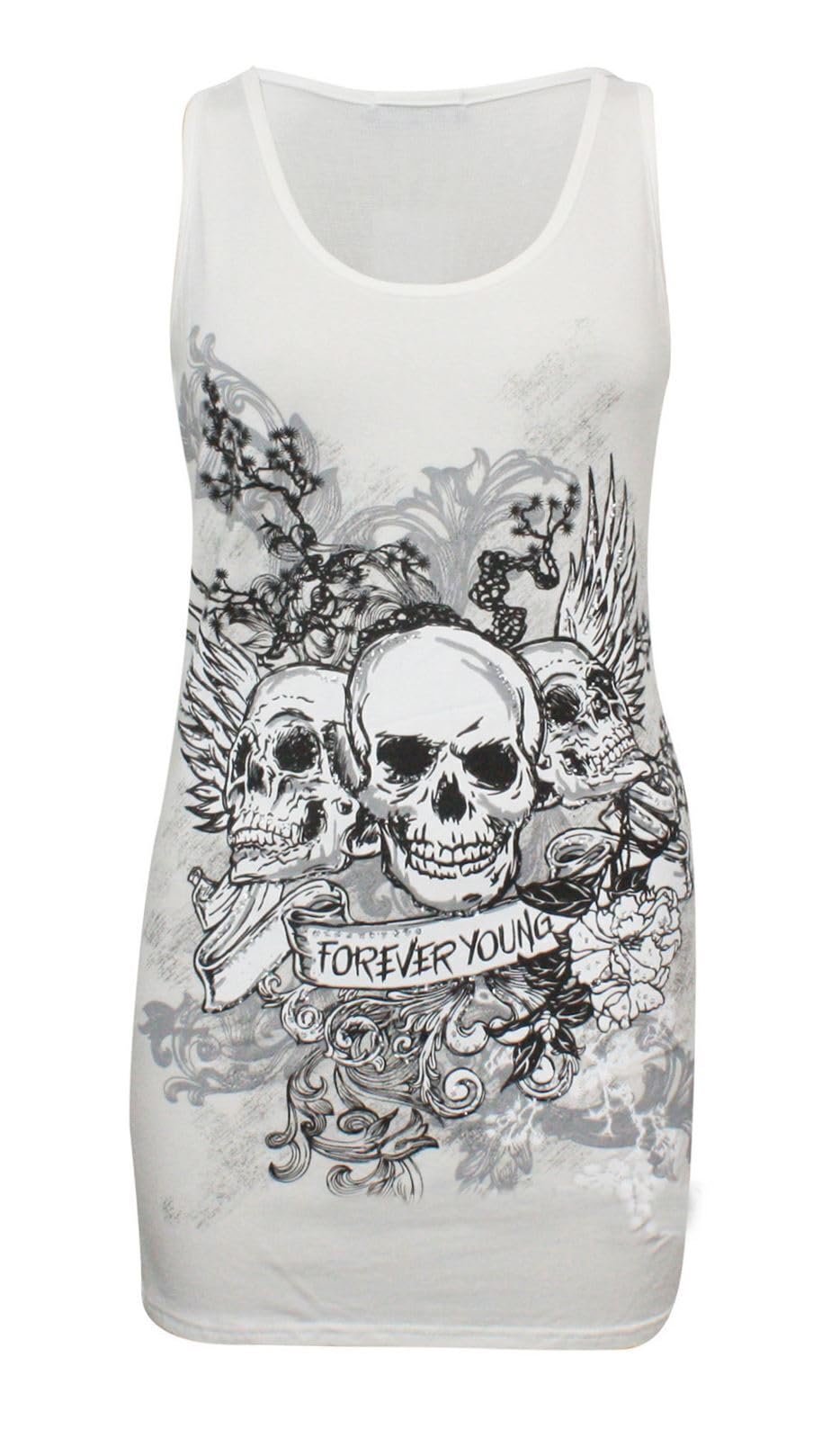 WearAll Womens Skull Forever Young Print Racer Back Sleeveless Ladies Vest Top - White - 8-10