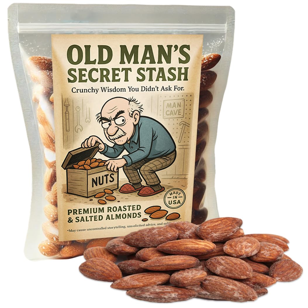 Old Man's Secret Stash Funny Gag Gift for Grandpa or Dad, Salty Roasted Almond Snack, Hilarious Birthday or Retirement Present for Men, Made in USA,