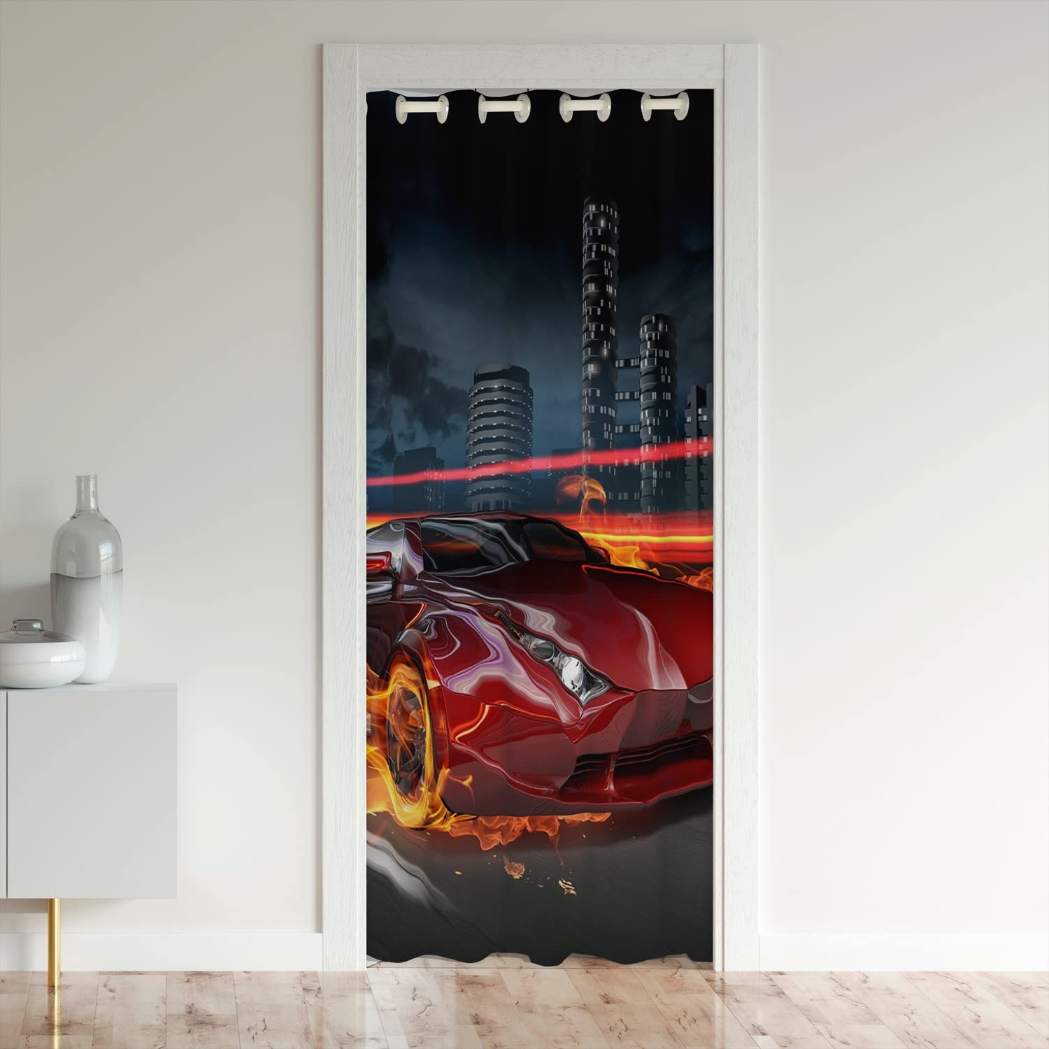 Loussiesd Speed Sports Car Door Curtain for Doorway Privacy Cool Race Car 30%-50% Room Darkening Blackout Curtain Extreme Sports Black Red Automobile Room Divider Curtain Cover 150x203cm