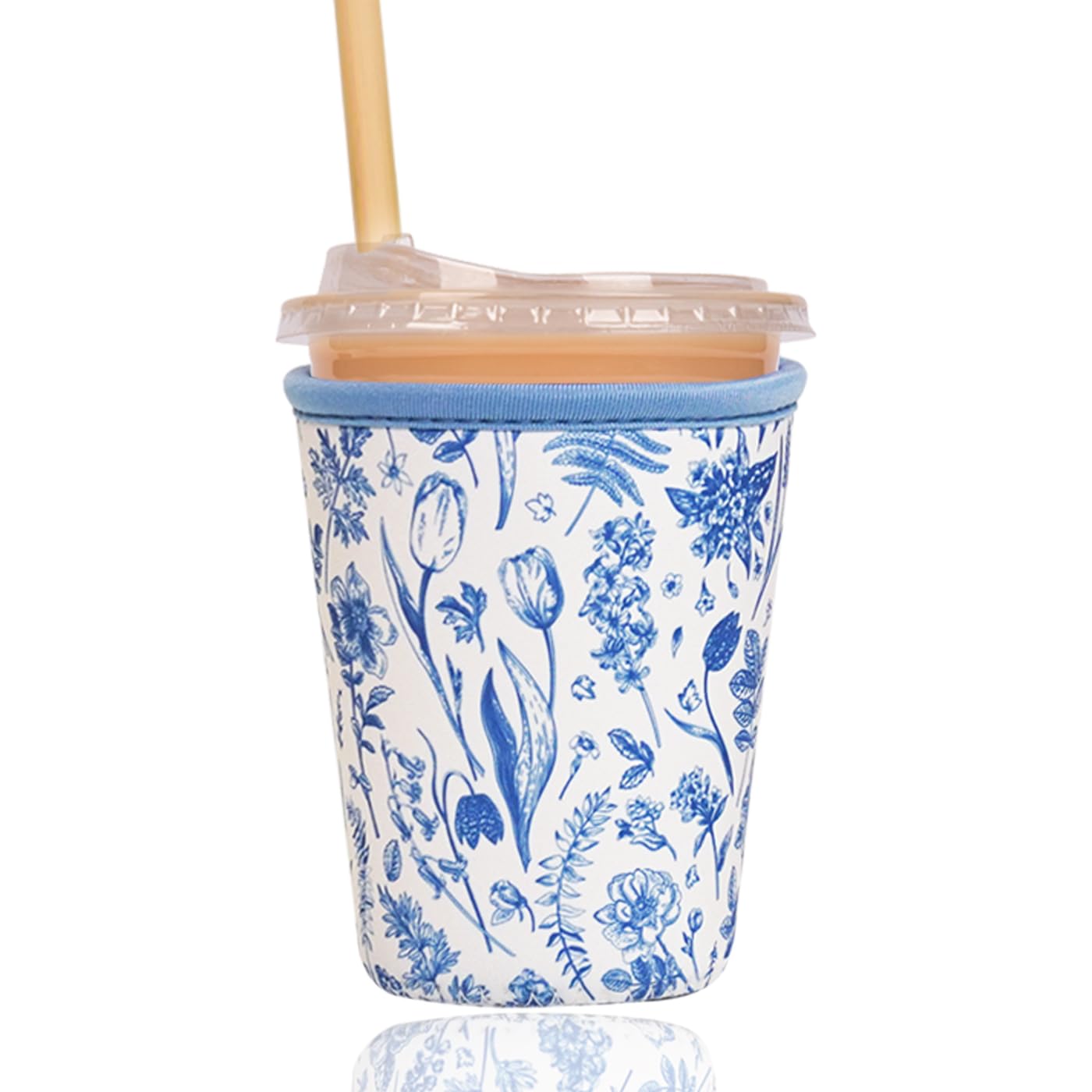 Reusable Insulated Sleeve for Iced Coffee Cup, Coffee Neoprene Sleeve for Cold &amp; Hot Drinks, Beverage Holder for Iced Coffee (Blue Fern Florals, Small: 16-18oz)