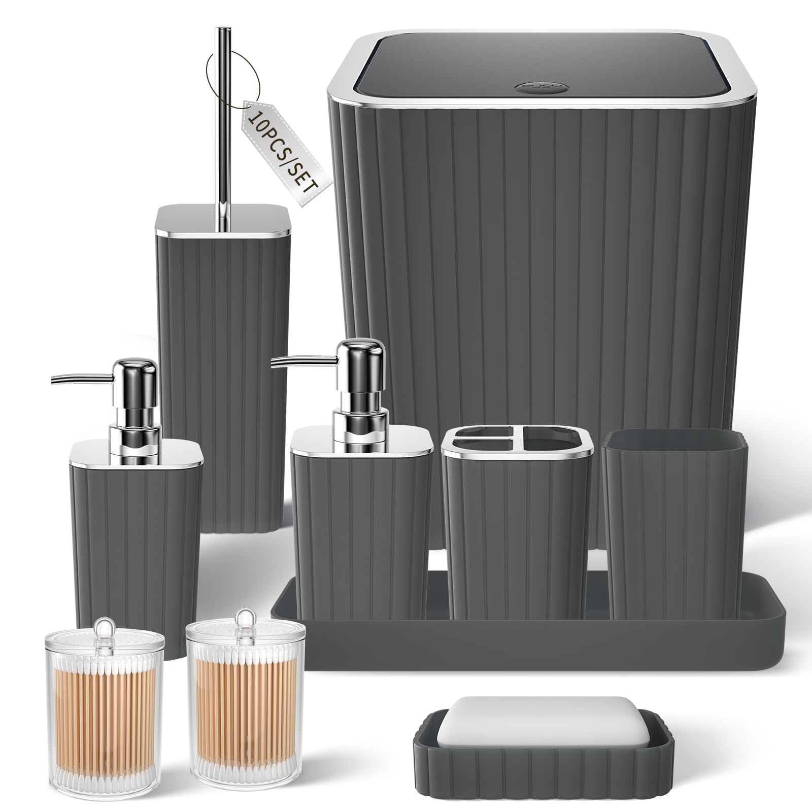 XLHOMO Bathroom Accessories Set - Gorgeous Grey Bathroom Set, 10PC Bathroom Accessory Set, Gray Bathroom Accessories Set, Trash Can, Qtip Holder Dispenser & Soap Dispenser โ image 1