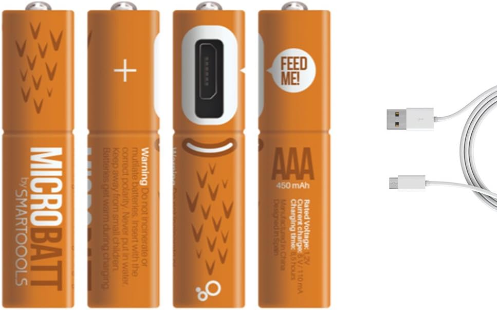 NiMH 1.2V Micro USB Rechargeable AAA Battery with Cables, Pack of 4