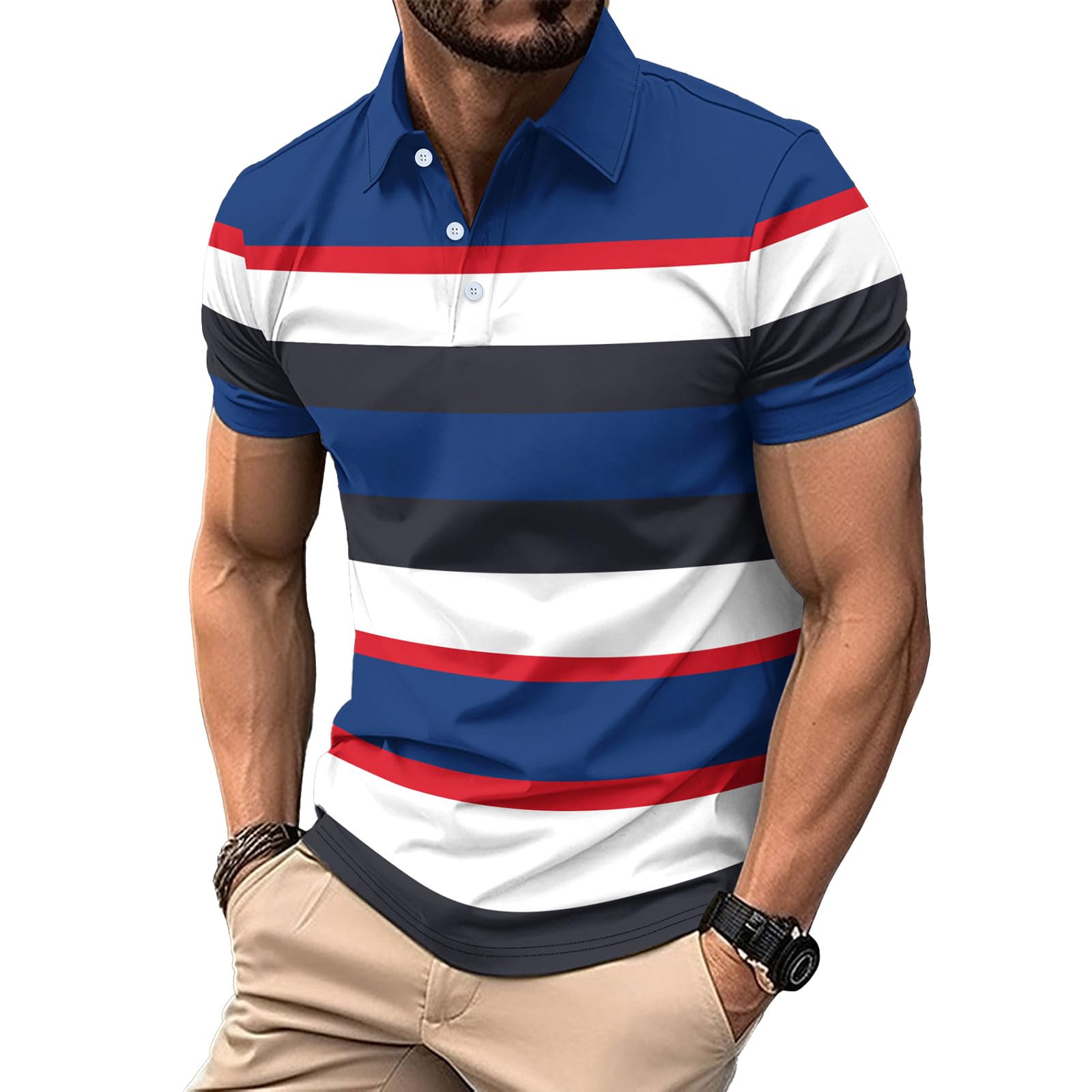 DEEX Men's Casual Polo Shirts Short Sleeve 2026 Stylish Stripe Summer Button T Shirt Lightweight Color Block Golf Slim Fit Shirts for Men with Collar Multicolor XL