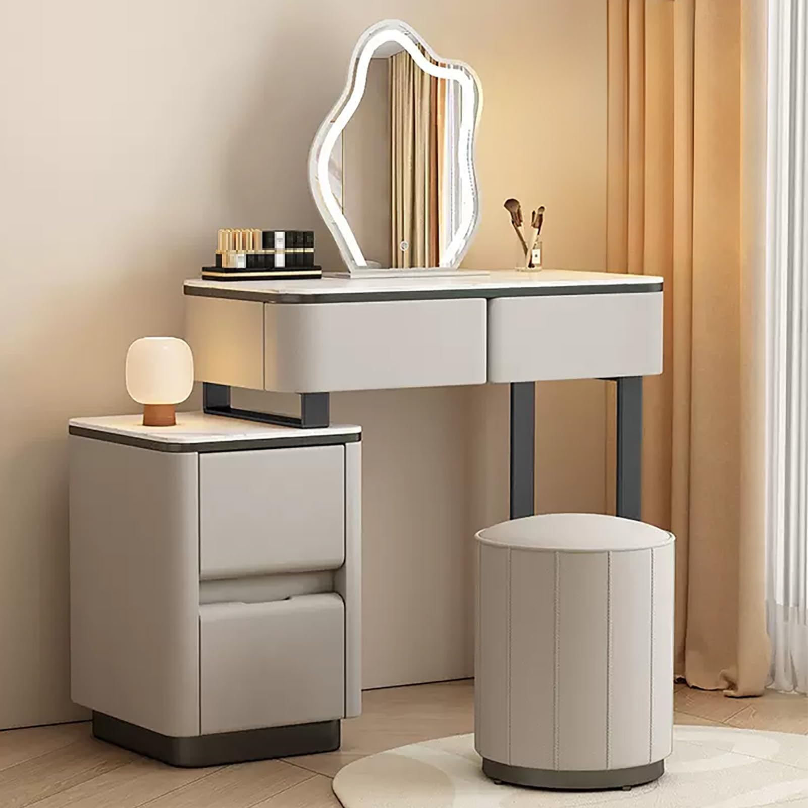 CGCSYZ Vanity Table Set, with Side Cabinets and Round Stool, Dressing Table with Mirror, Makeup Vanity Desk, Microfiber Leather Finish, Slate Tabletop, Carbon Steel Legs(Grey-70cm/27.5in)