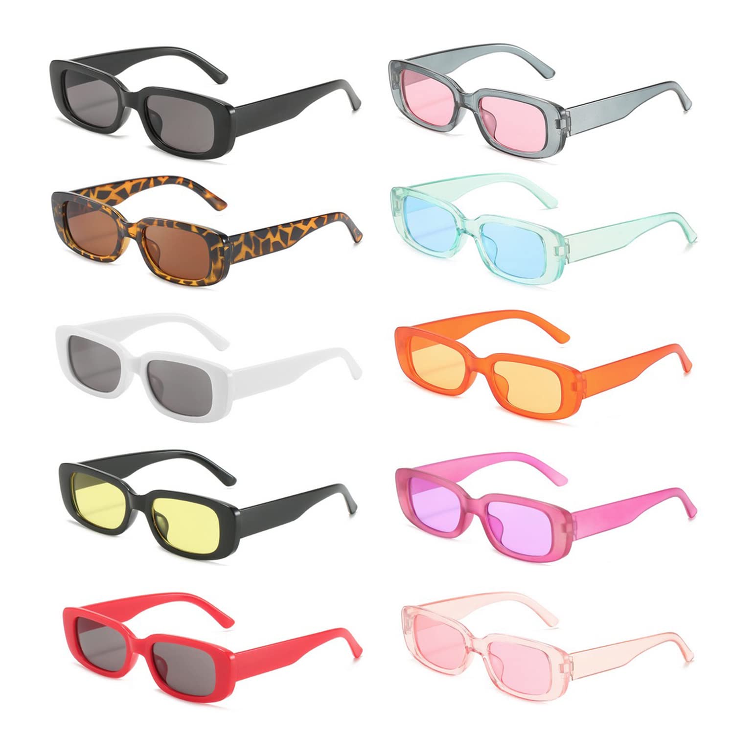 Lassuzie 10 Piezas Gafas de Sol Rectangulares, Moda Vintage Marco Cuadrado Gafas Protección UV400 Gafas de Party Retro para Mujeres Hombres