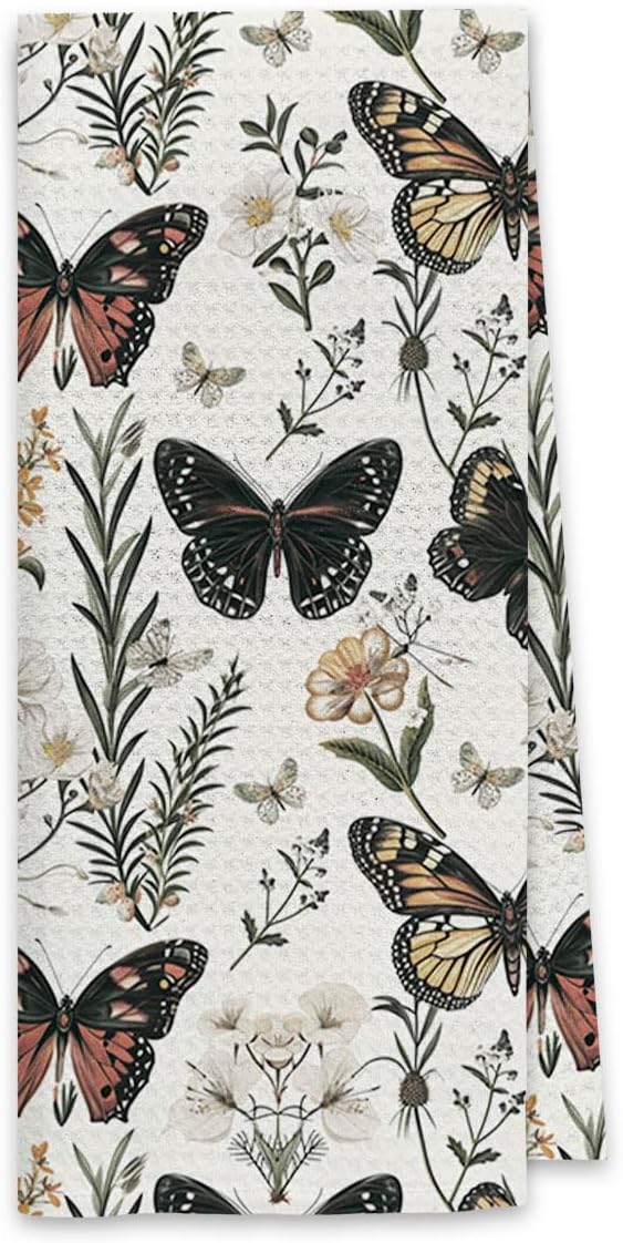 Dibor Vintage Butterfly Nature Kitchen Towels, Pink Grey Dish Towels Dishcloth, Retro Butterflies Insects Spring Cooking Baking Gifts Cloth Hand Tea Towels for Farmhouse Bathroom Kitchen 16x24 Inches