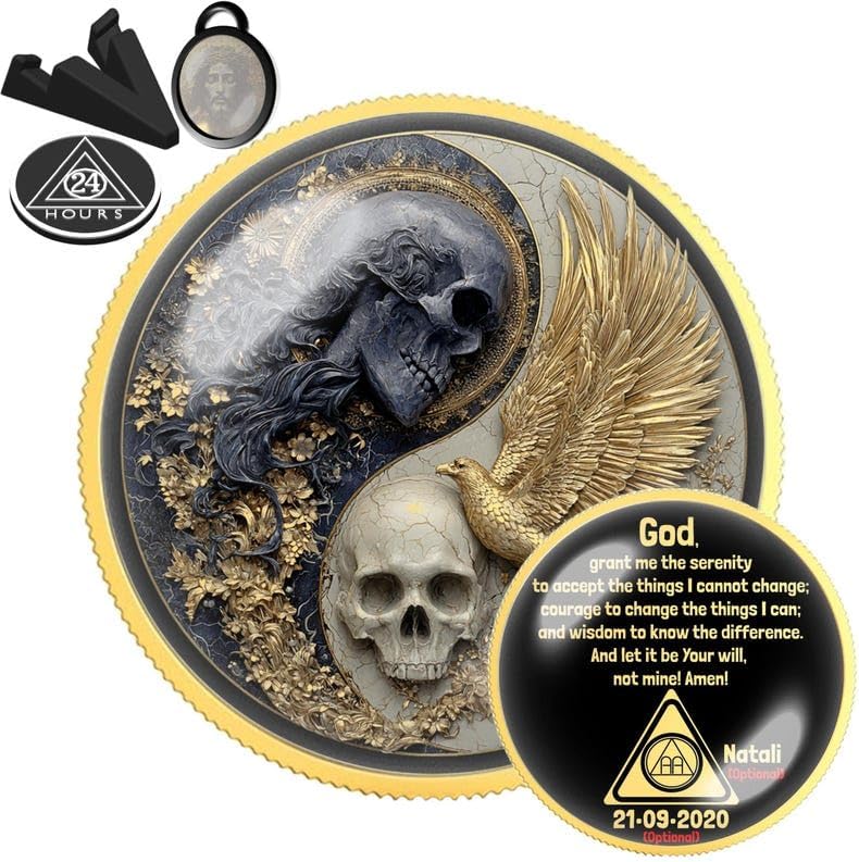 Twin Skull Angel Wings Sobriety Coin | Personalized AA NA Recovery Token | Custom Name Sobriety Date | Gold or Silver | Sobriety Chip Gift (Silver)