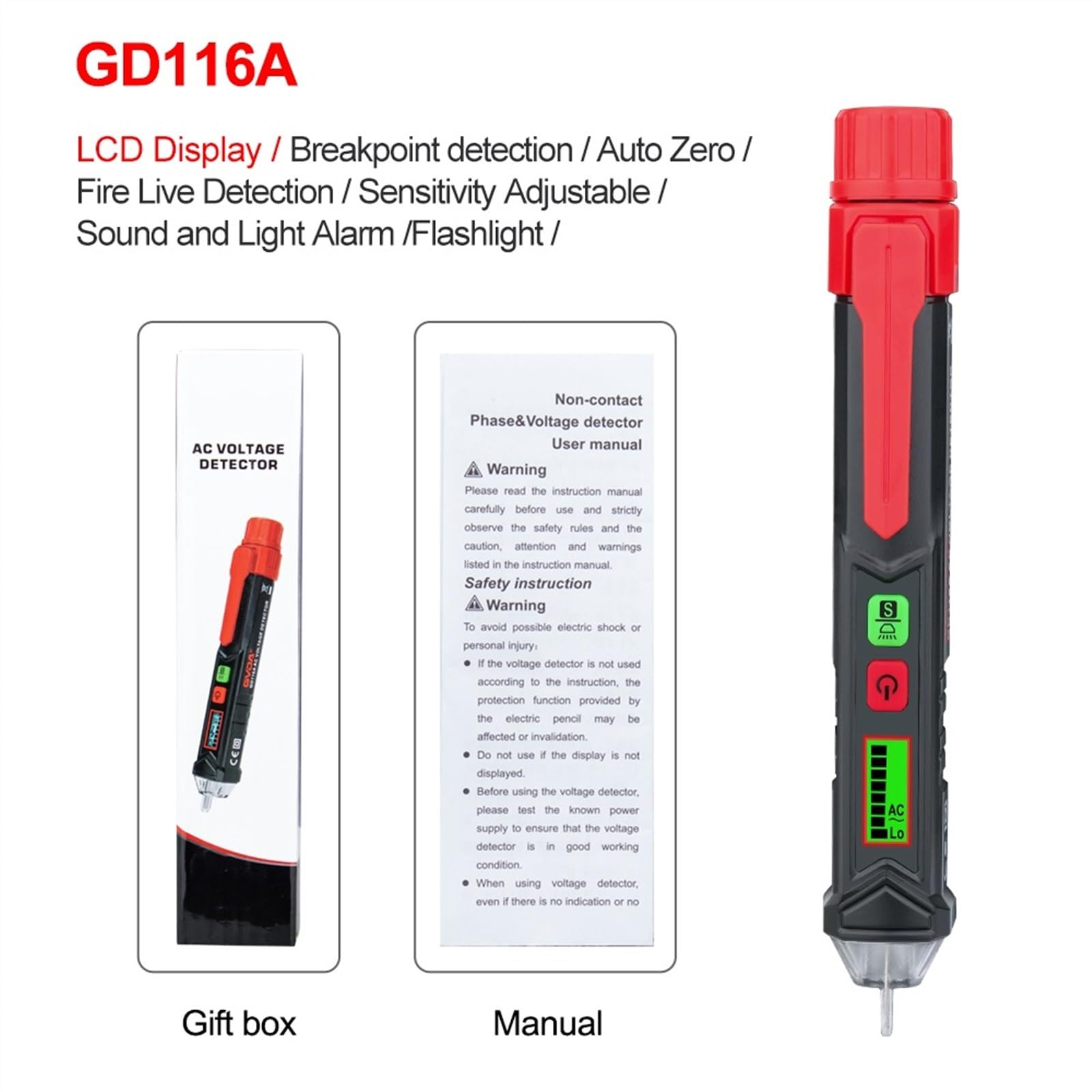 Detector de Voltaje CA sin Contacto, medidor, bolígrafo probador Inteligente, Sensor Corriente 12-1000 V, lápiz Prueba(Gd116a)