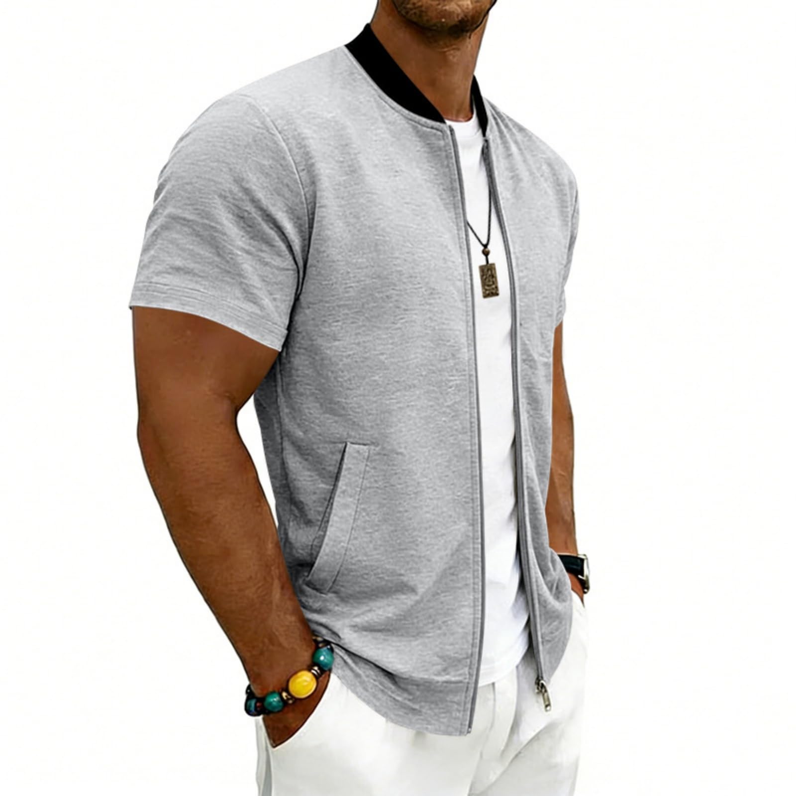 Generisch Herren Kurzarm Sommer Jacken Herren Leichte Baseballjacke mit Stehkragen Reißverschluss Leichte Bomberjack Outdoorjacke Lässige Übergangsjacke für Alltag BüRo und Reisen