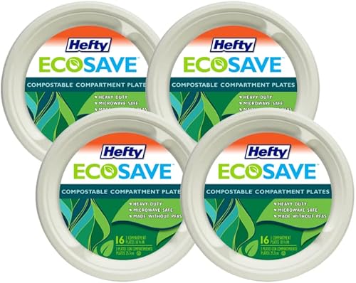 Hefty EcoSave - Platos desechables con compartimentos, hechos de materiales a base de plantas, platos de papel resistentes, 10 ¼ pulgadas, 16