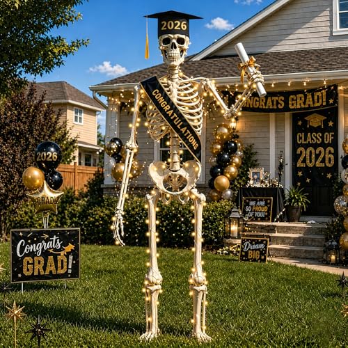 12FT Skeleton Graduation Outfit Giant Skeleton Clothes Accessories with LED String Lights Class of 2026 Grad Cap & Tassel Outdoor Yard Decoration for School & College Grad Party Skull Not Included