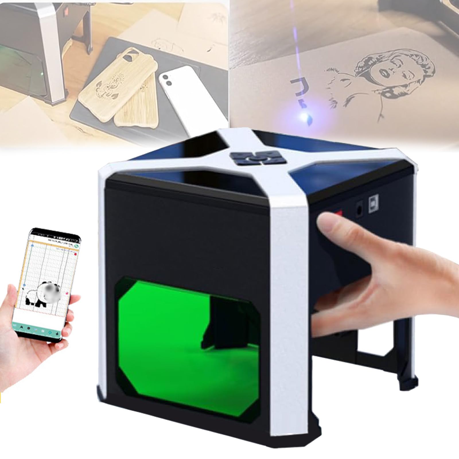 Grabador láser de 3 W, minimáquina de grabado portátil de escritorio para madera, plástico, cerámica y vidrio con filtro de humo y control por aplicación de computadora o teléfono móvil