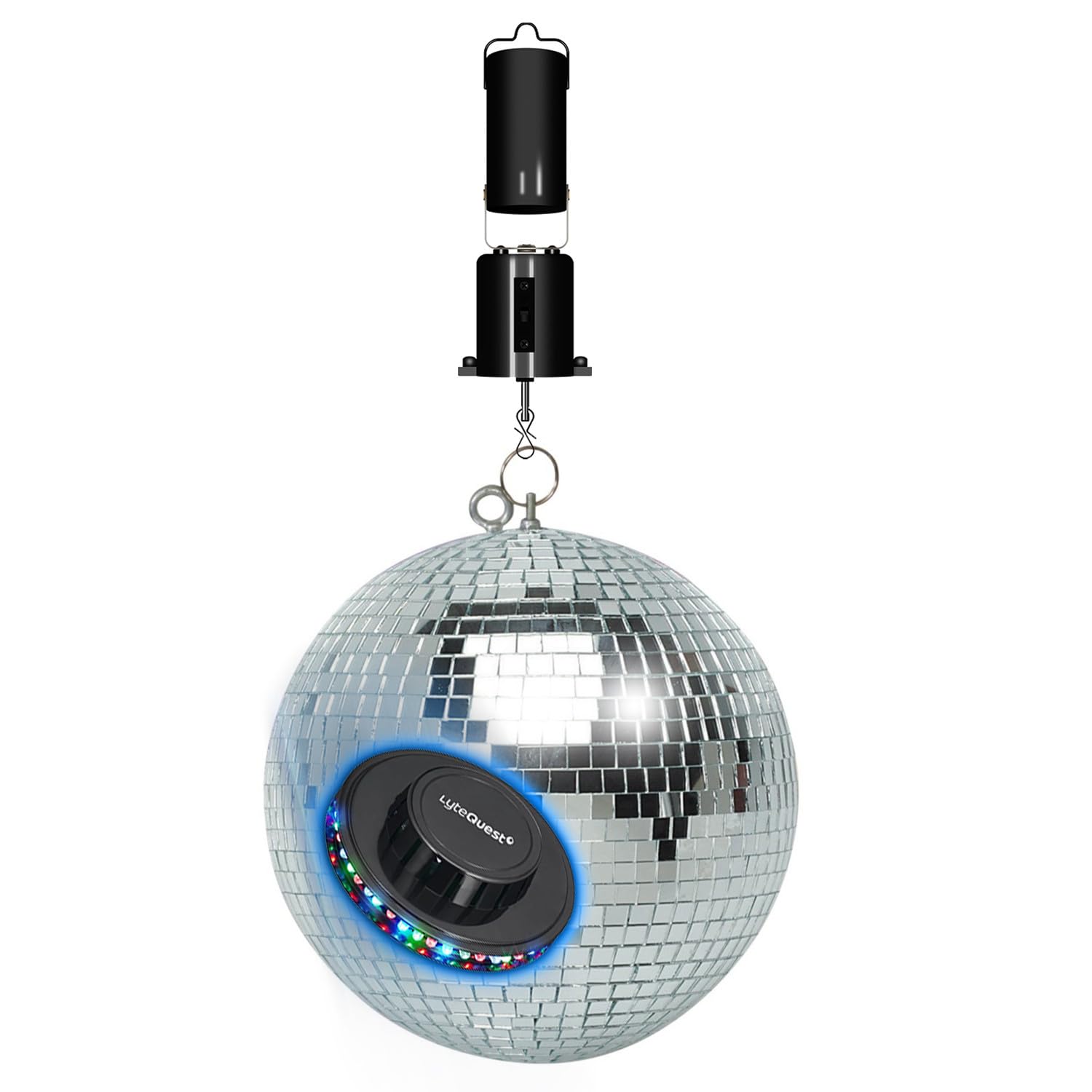 Boule à Facettes Argentée 40cm FXLab avec deux points de suspension - Mirroir Poli + Moteur à piles, Lumière OVNI