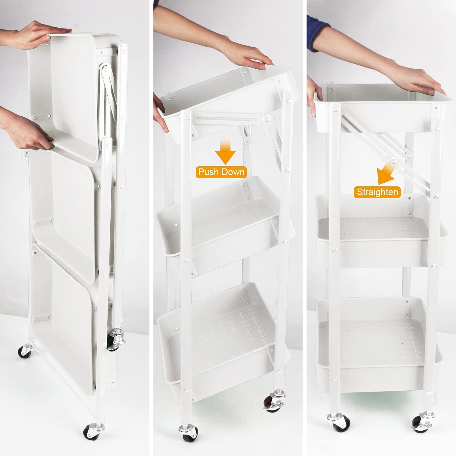 Todeco Desserte à roulettes Pliante, Chariot Mobile à 3 Niveaux, Chariot de Cuisine, Pas d'assemblage, 46 x 29 x 78 cm, pour Cuisine, Bureau, Salle de Bain, Vestiaire (Blanc)